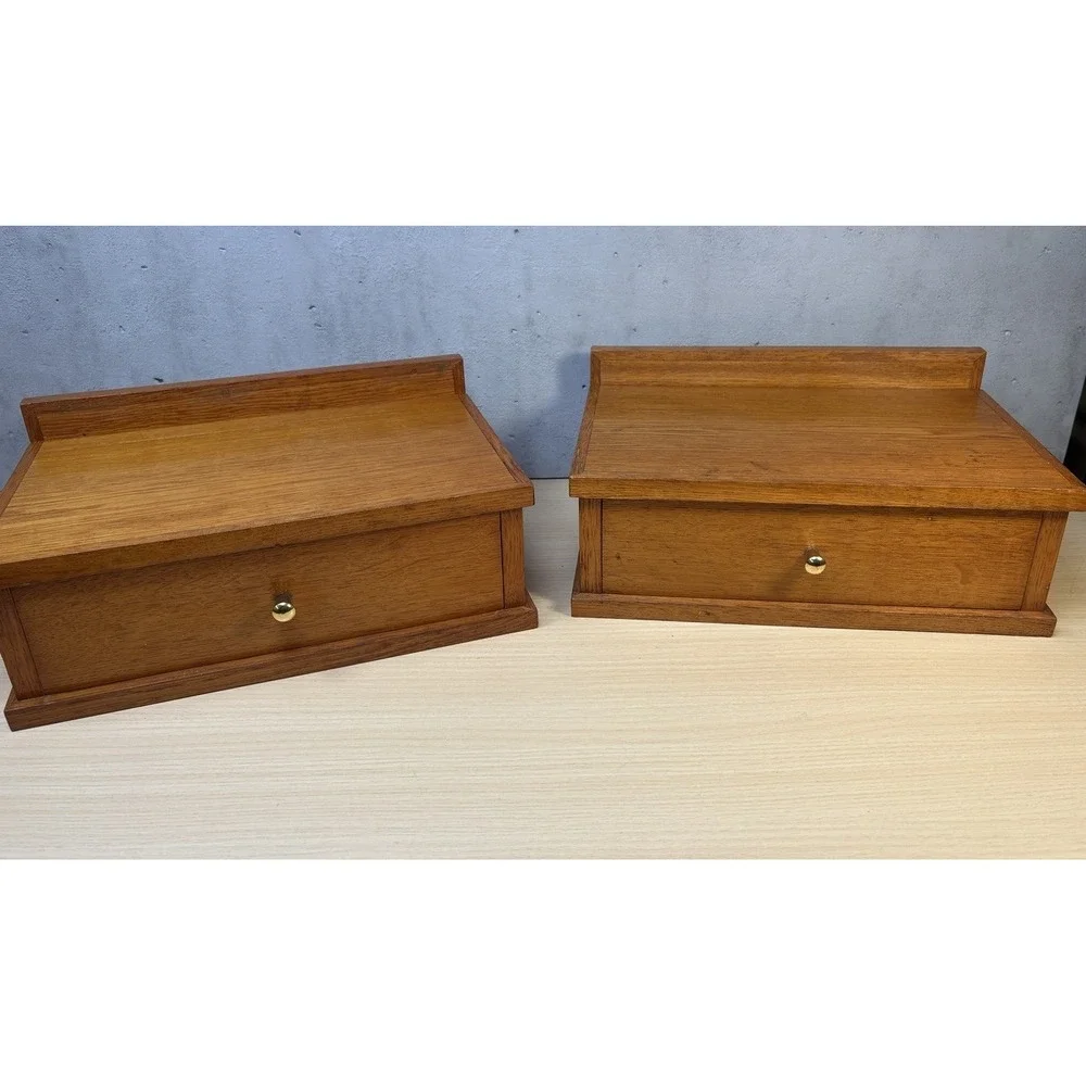 2 Vintage Scandinavian-style wooden shelf small desk organizer Brass Knob Oak